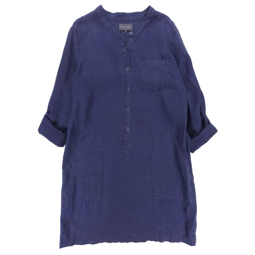 MICHAEL STARS 100% Linen Tunic Top Button Down Shirt Lagenlook Beachy Boho Navy
